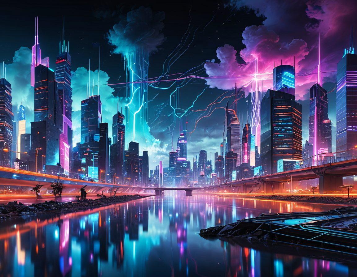 A futuristic landscape depicting a torrent river flowing through a digital city, with vibrant data streams as water currents. Include abstract representations of files and resources in the water, symbolizing safe file sharing. The skyline should feature glowing network towers, and the sky filled with digital clouds. Emphasize a sense of adventure and efficiency. cyberpunk. vibrant colors. super-realistic.