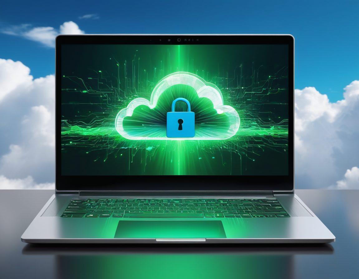 A modern, sleek laptop displaying a vibrant torrent interface with green progress bars symbolizing high-speed downloads. Surrounding the laptop are icons of safe internet practices like padlocks and shields, blended with a colorful digital landscape of clouds and data streams. The background features abstract tech motifs representing connectivity and speed. super-realistic. vibrant colors. digital art.