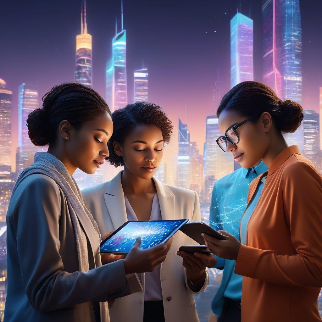 A group of diverse individuals collaborating around a digital tablet displaying a peer-to-peer network visual, with glowing nodes and connections intertwined. In the background, a modern city skyline represents innovation and technology. Add elements of coding and data flow in the air, symbolizing the transition from novice to pro. super-realistic. vibrant colors. dynamic composition.